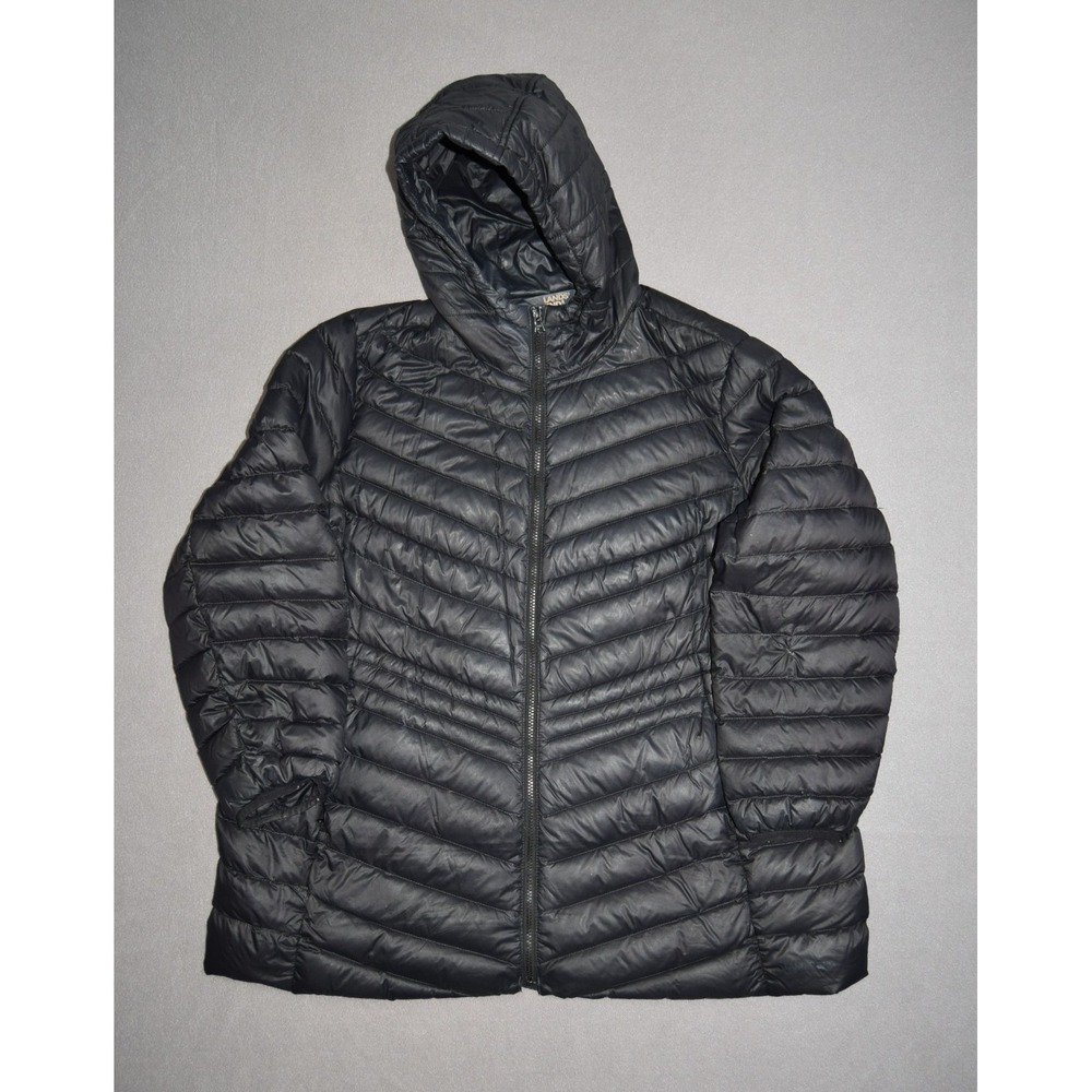 Lands End Jacket Womens 2XL Black Puffer Ultralight Hooded Full Zip Goose Down